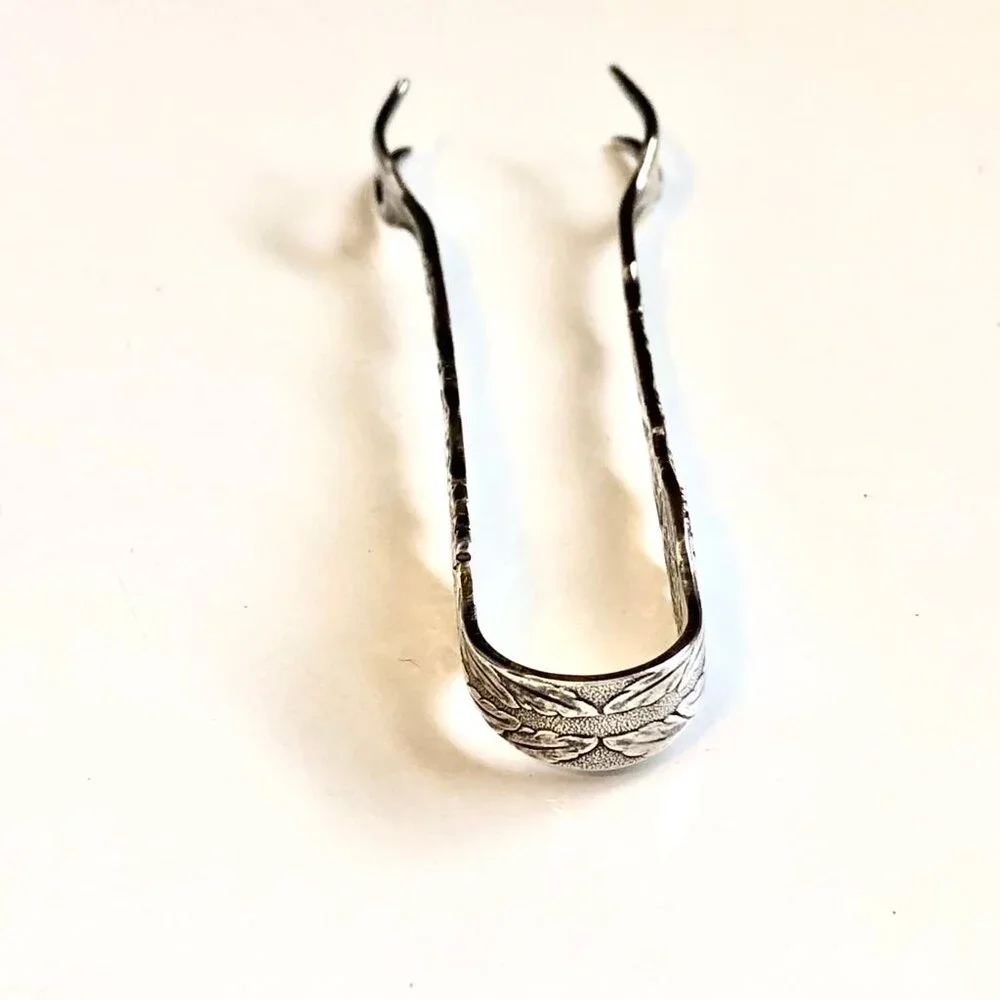 Antique Nils Johan Sweden Silver Plate Petite Forked Sugar Tongs Amsterdam Flora